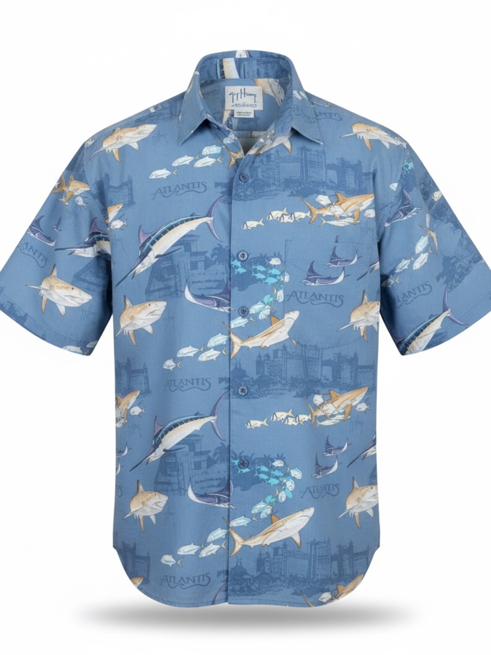 Guy Harvey for Atlantis Men’s XL Shark Marlin Fish Hawaiian Shirt Resort Blue